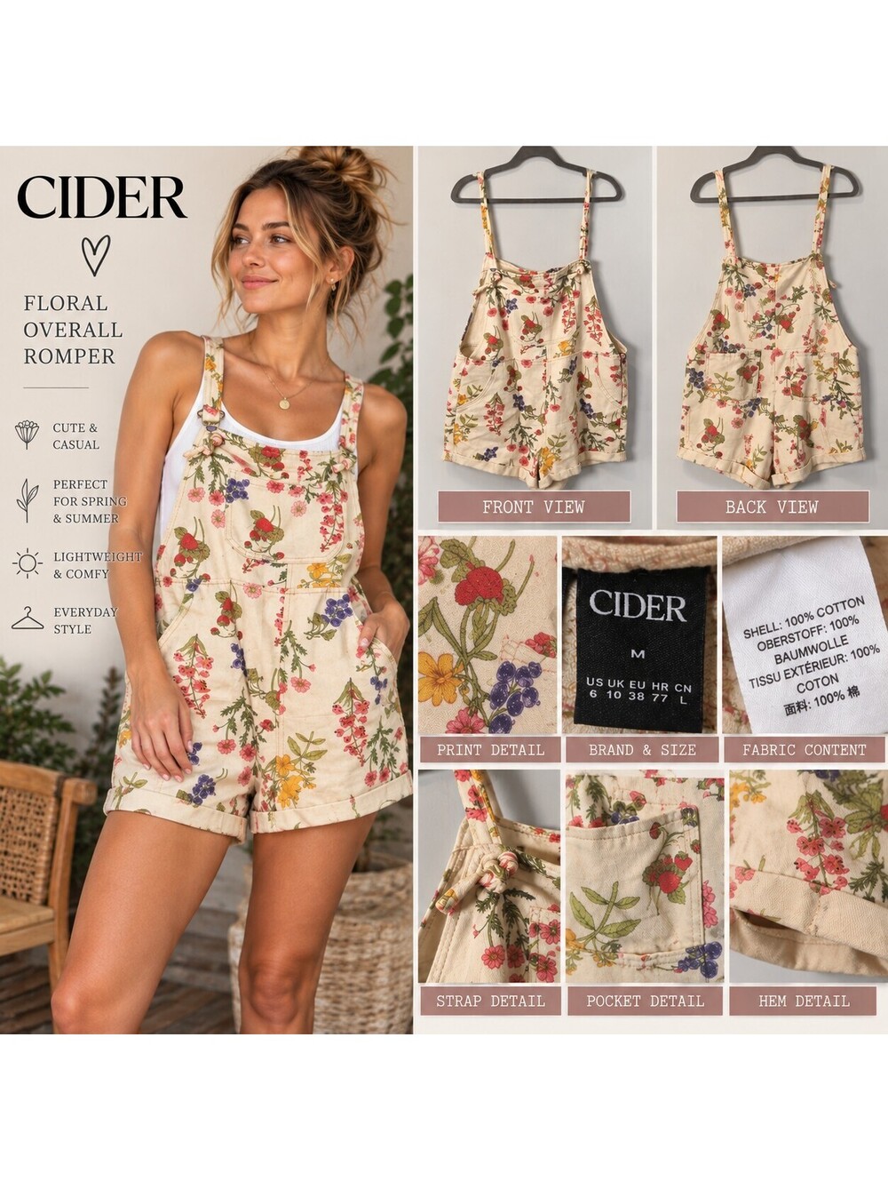 Cider cream floral spaghetti strap romper size M NWT